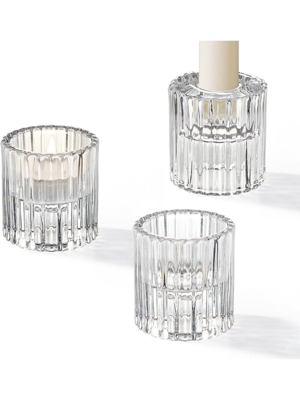 Reversible Glass Candle Holders Set for Taper & Tealight Candles, 3-Piece